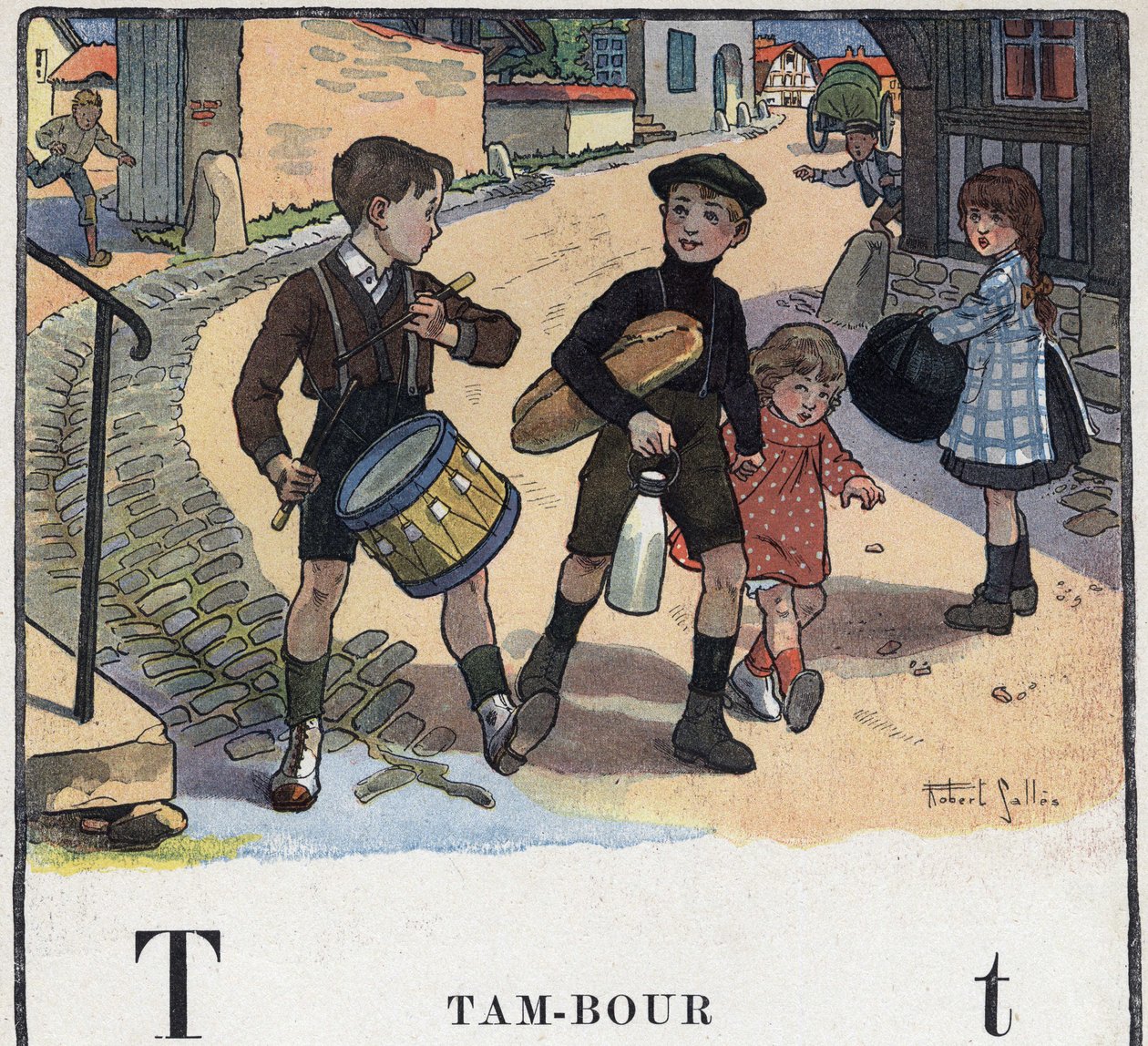 Barnbok "" Jag kommer att läsa - Metodiskt och roligt alfabet av en pappa""" 1926. Illustration av Robert Salles (1871-1929). Abecedary: bokstaven T som trumma. av Robert Salles