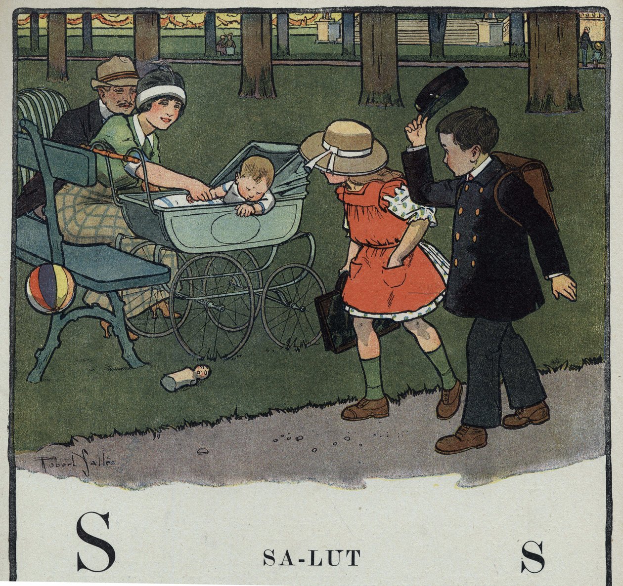 Barnbok "" Jag kommer att läsa - Metodiskt och roligt alfabet av en pappa""" 1926. Illustration av Robert Salles (1871-1929). Abecedary: bokstaven S som Salut. En pojke hälsar på ett par och deras bebis genom att lyfta på mössan. av Robert Salles