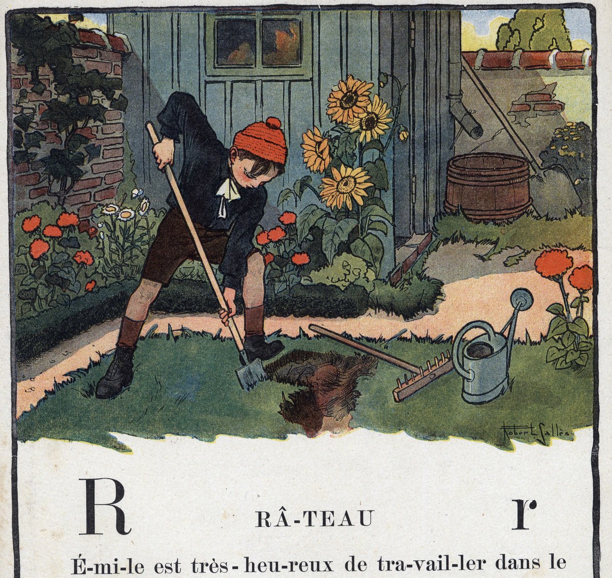 Barnbok "" Jag kommer att läsa - Metodiskt och roligt alfabet av en pappa""" 1926. Illustration av Robert Salles (1871-1929). Abecedaire: bokstaven R som Rake. En pojkes trädgård i trädgården till hans hus. av Robert Salles