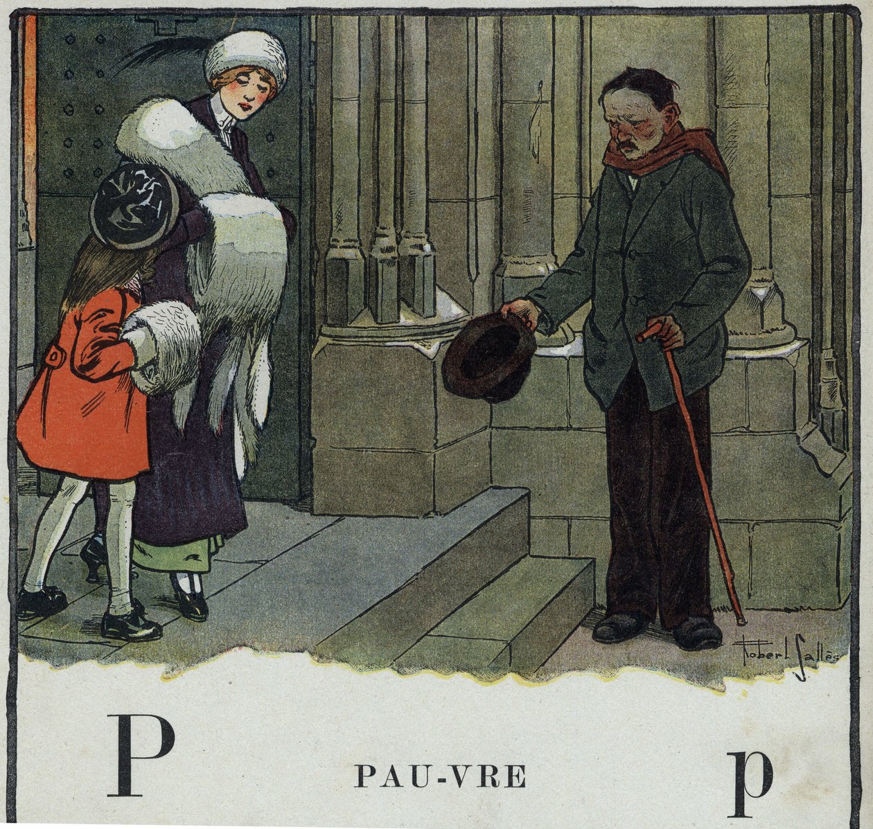 Barnbok "" Jag kommer att läsa - Metodiskt och roligt alfabet av en pappa""" 1926. Illustration av Robert Salles (1871-1929). Abecedaire: bokstaven P som Dålig. En tiggare gör hylsan utanför kyrkan. av Robert Salles