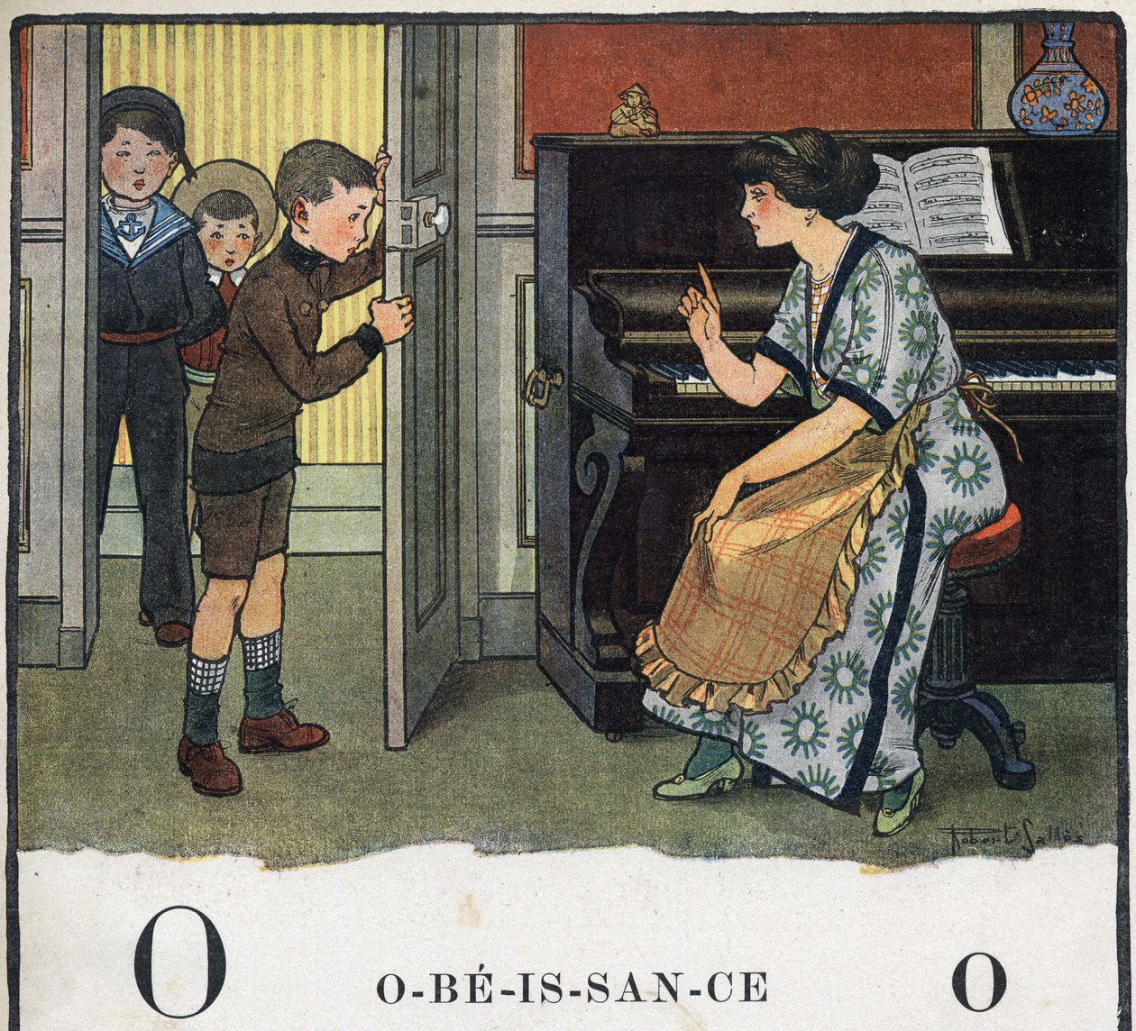 Barnbok "" Jag kommer att läsa - Metodiskt och roligt alfabet av en pappa""" 1926. Illustration av Robert Salles (1871-1929). Abecedary: bokstaven O som Lydnad. En mamma skäller ut sina pojkar. av Robert Salles