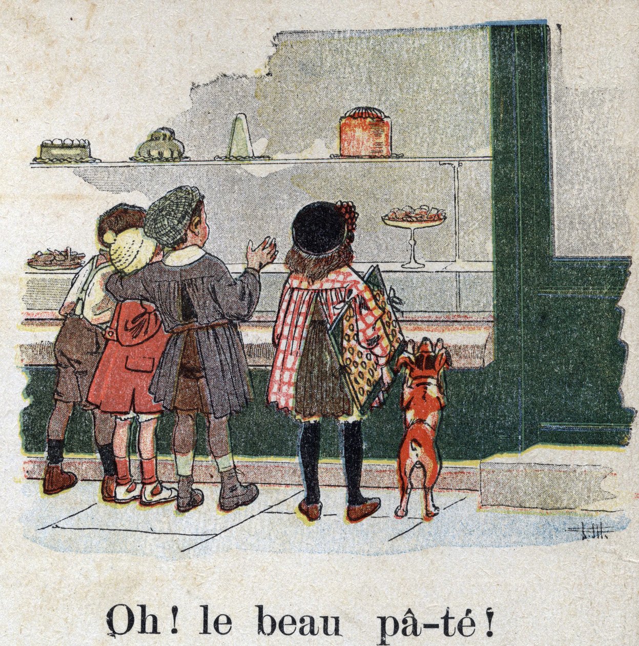 Barnbok "" Jag kommer att läsa - Metodiskt och roligt alfabet av en pappa""" 1926. Illustration av Robert Salles (1871-1929). "Åh! Den fina degen!” . Gourmetbarn stannar framför ett bagerifönster. av Robert Salles