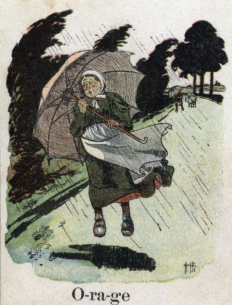 Barnbok "" Jag kommer att läsa - Metodiskt och roligt alfabet av en pappa""" 1926. Illustration av Robert Salles (1871-1929). "" Storm"": en kvinna i regnskydden med sitt paraply. av Robert Salles