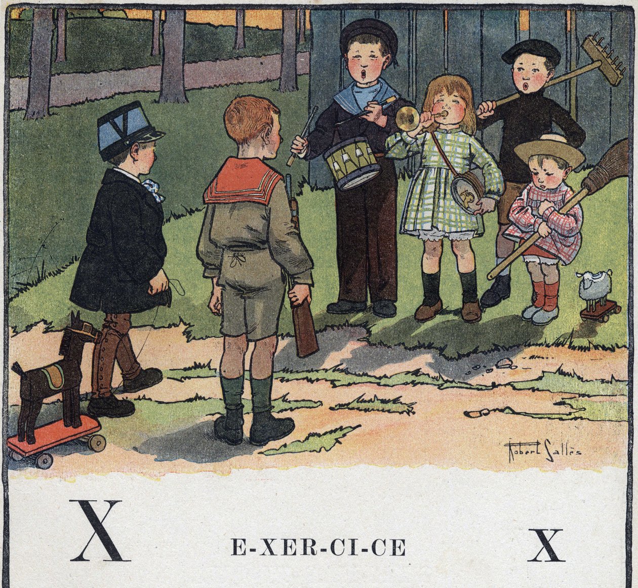 Barnbok "" Jag kommer att läsa - Metodiskt och roligt alfabet av en pappa""" 1926. Illustration av Robert Salles (1871-1929). Abecedary: bokstaven X som övning. Barn leker militär. av Robert Salles