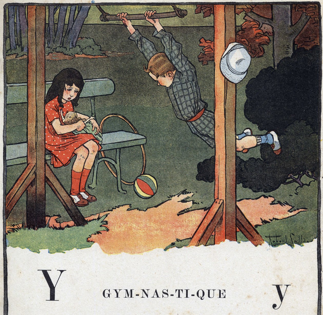 Barnbok "" Jag kommer att läsa - Metodiskt och roligt alfabet av en pappa""" 1926. Illustration av Robert Salles (1871-1929). Abecedary: bokstaven Y som Gymnastik. En pojke trapetsar medan en tjej spelar en docka. av Robert Salles