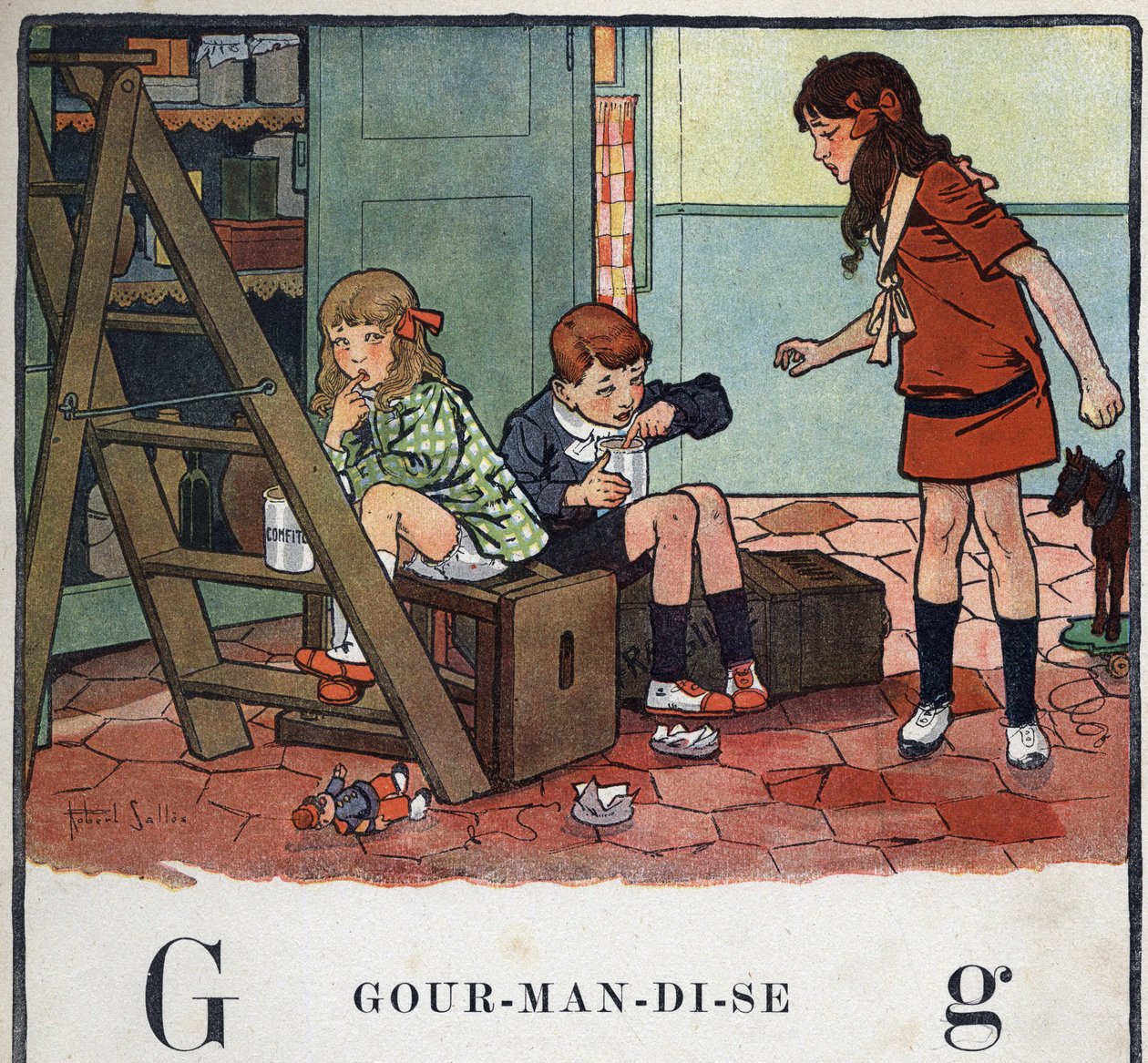 Barnbok "" Jag kommer att läsa - Metodiskt och roligt alfabet av en pappa""" 1926. Illustration av Robert Salles (1871-1929). Abecedary: bokstaven G som Gourmandise. Flicka och pojkar som äter kanderad frukt i hemlighet. av Robert Salles