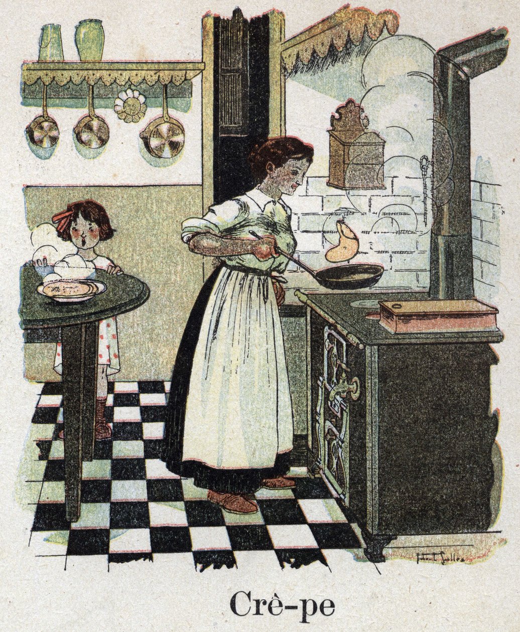 Barnbok "" Jag kommer att läsa - Metodiskt och roligt alfabet av en pappa""" 1926. Illustration av Robert Salles (1871-1929). Mamma blåser crepes i pannan. av Robert Salles