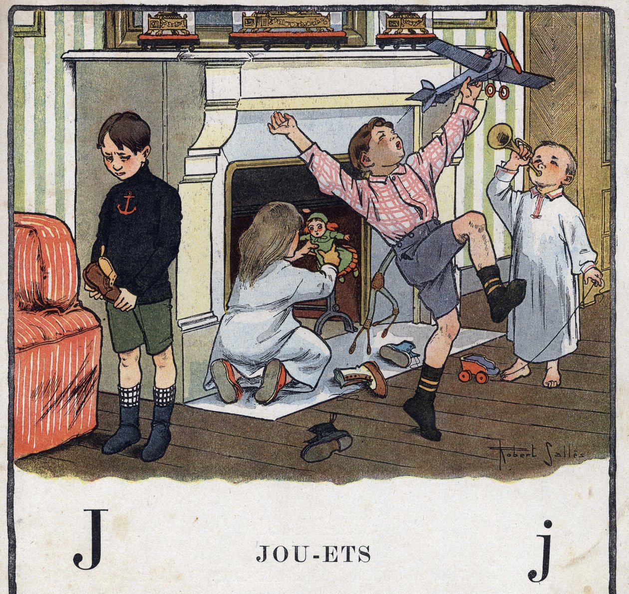Barnbok "" Jag kommer att läsa - Metodiskt och roligt alfabet av en pappa""" 1926. Illustration av Robert Salles (1871-1929). Abecedaire: bokstaven J som leksaker. Barn har fått leksaker i skorna och har roligt med dem. Ett av barnen fick ingen present i h av Robert Salles