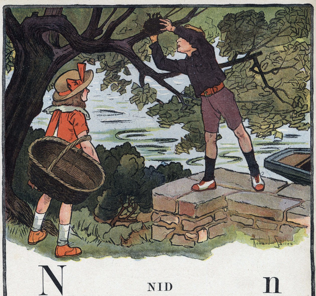 Barnbok "" Jag kommer att läsa - Metodiskt och roligt alfabet av en pappa""" 1926. Illustration av Robert Salles (1871-1929). Abecedary: bokstaven N som Nest. En pojke tar ett bo byggt på ett träd. av Robert Salles