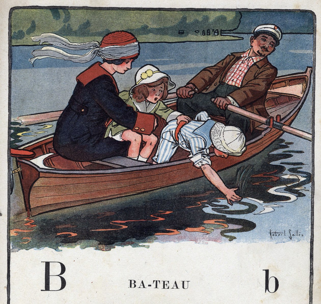 Barnbok "" Jag kommer att läsa - Metodiskt och roligt alfabet av en pappa""" 1926. Illustration av Robert Salles (1871-1929). Abecedaire: bokstaven B som båt. En familj i en båt tar en promenad. av Robert Salles