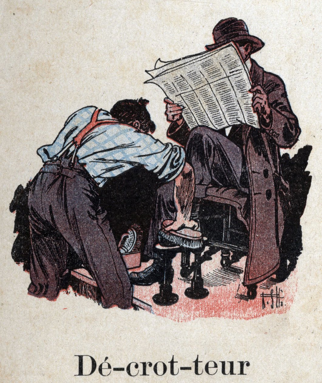 Barnbok "" Jag kommer att läsa - Metodiskt och roligt alfabet av en pappa""" 1926. Illustration av Robert Salles (1871-1929). "" Decrotteur"": en skoputsning rengör skorna på en kund som läser tidningen. av Robert Salles