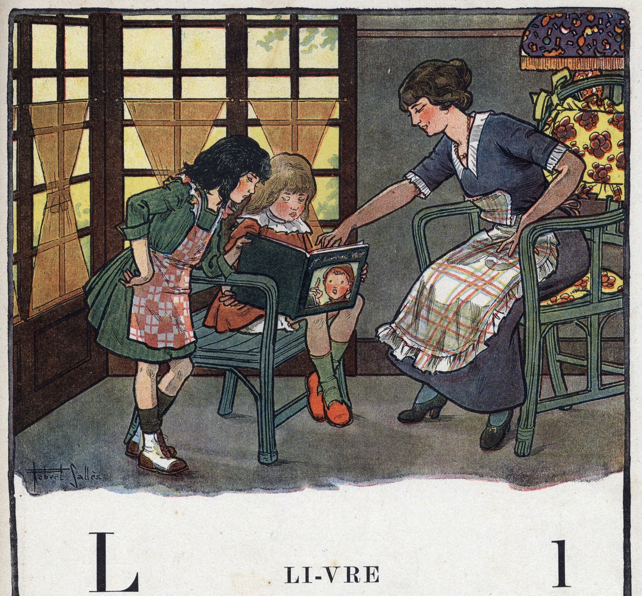 Barnbok "" Jag kommer att läsa - Metodiskt och roligt alfabet av en pappa""" 1926. Illustration av Robert Salles (1871-1929). Abecedary: bokstaven L som bok. En mamma lär sin dotter läsa. av Robert Salles