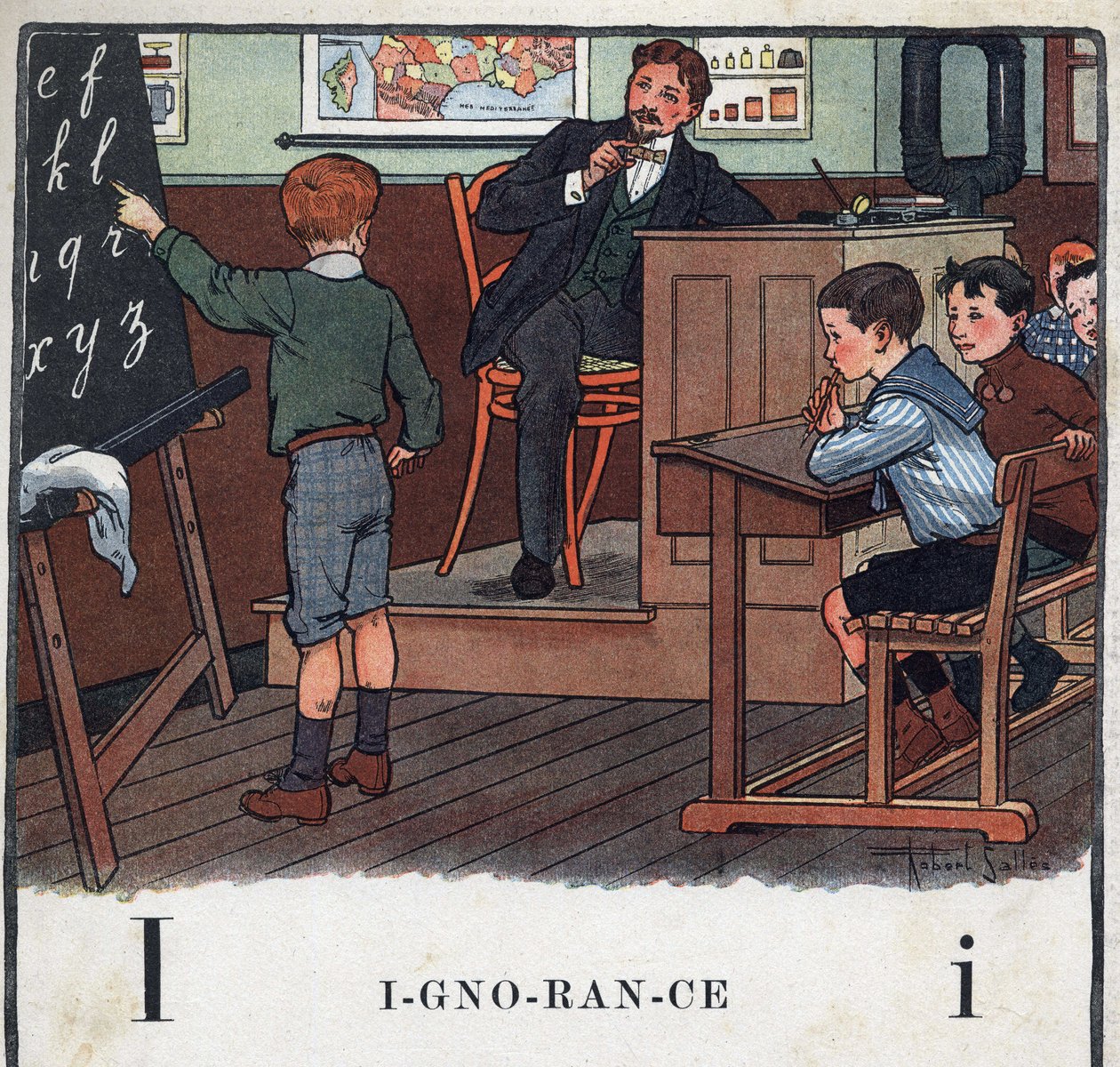 Barnbok "" Jag kommer att läsa - Metodiskt och roligt alfabet av en pappa""" 1926. Illustration av Robert Salles (1871-1929). Abecedary: bokstav I som okunnighet. En pojke reciterar alfabetet på tavlan. av Robert Salles