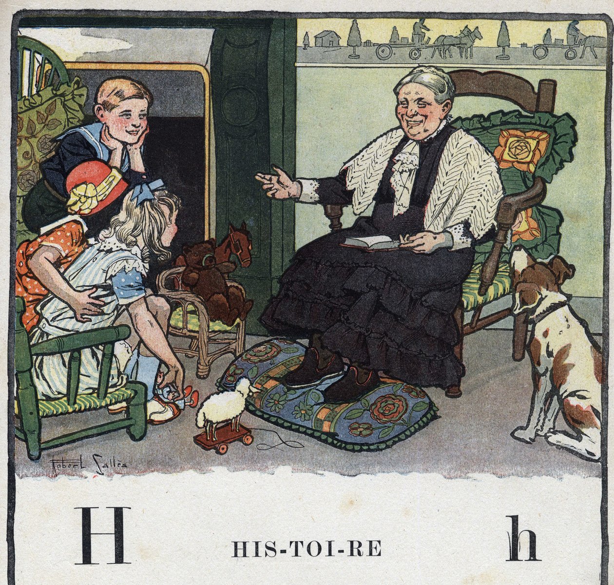 Barnbok "" Jag kommer att läsa - Metodiskt och roligt alfabet av en pappa""" 1926. Illustration av Robert Salles (1871-1929). Abecedaire: bokstaven H som Historia. En mormor berättar historier för sina barnbarn nära den öppna spisen. av Robert Salles