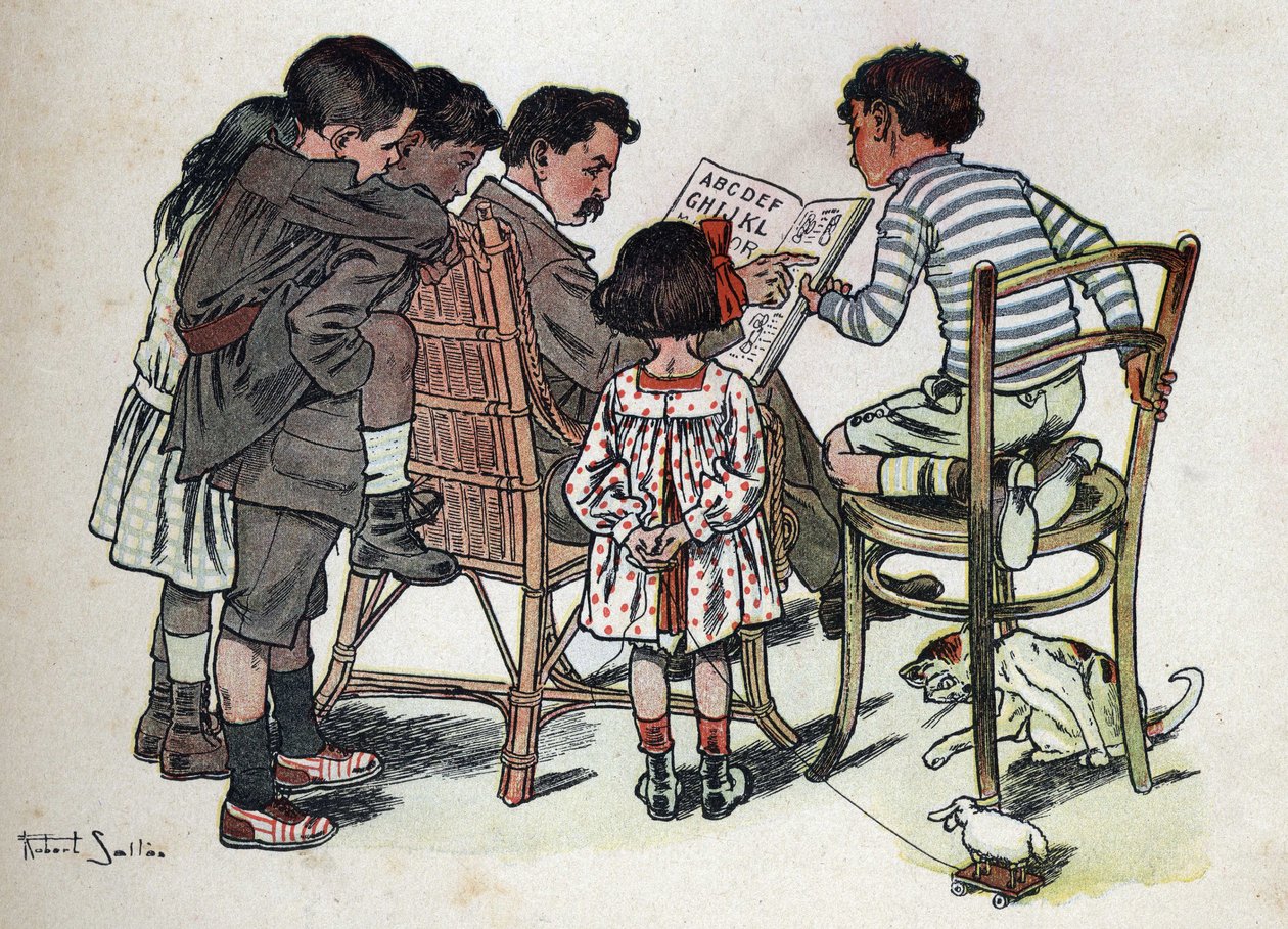 Barnbok "" Jag kommer att läsa - Metodiskt och roligt alfabet av en pappa""" 1926. Illustration av Robert Salles (1871-1929). En familjefar lär barn att läsa. av Robert Salles