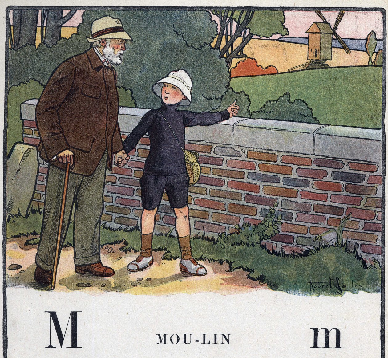Barnbok "" Jag kommer att läsa - Metodiskt och roligt alfabet av en pappa""" 1926. Illustration av Robert Salles (1871-1929). Abecedaire: bokstaven M som Moulin. En pojke går med sin farfar. Han pekar på en väderkvarn. av Robert Salles