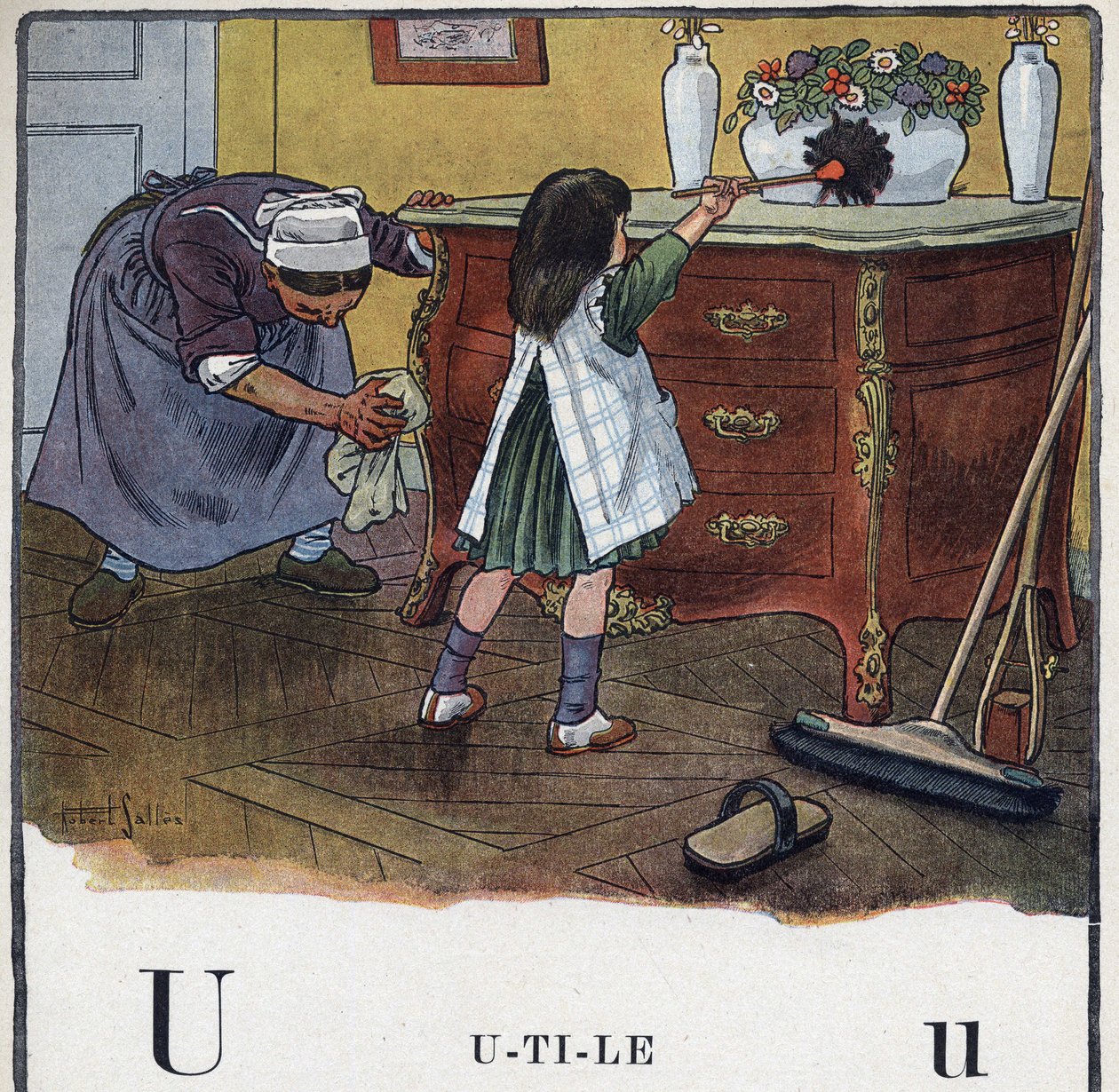 Barnbok "" Jag kommer att läsa - Metodiskt och roligt alfabet av en pappa""" 1926. Illustration av Robert Salles (1871-1929). Abecedary: bokstaven U som användbar. En tjej hjälper till med städning och damm. av Robert Salles