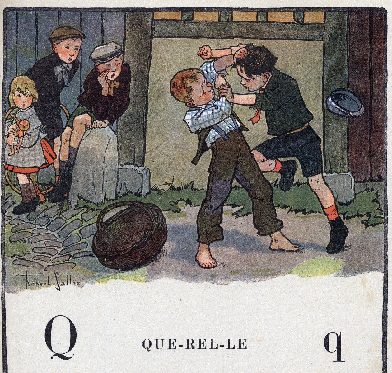 Barnbok "" Jag kommer att läsa - Metodiskt och roligt alfabet av en pappa""" 1926. Illustration av Robert Salles (1871-1929). Abecedaire: bokstaven Q som Querelle. Två pojkar slåss på gården. av Robert Salles