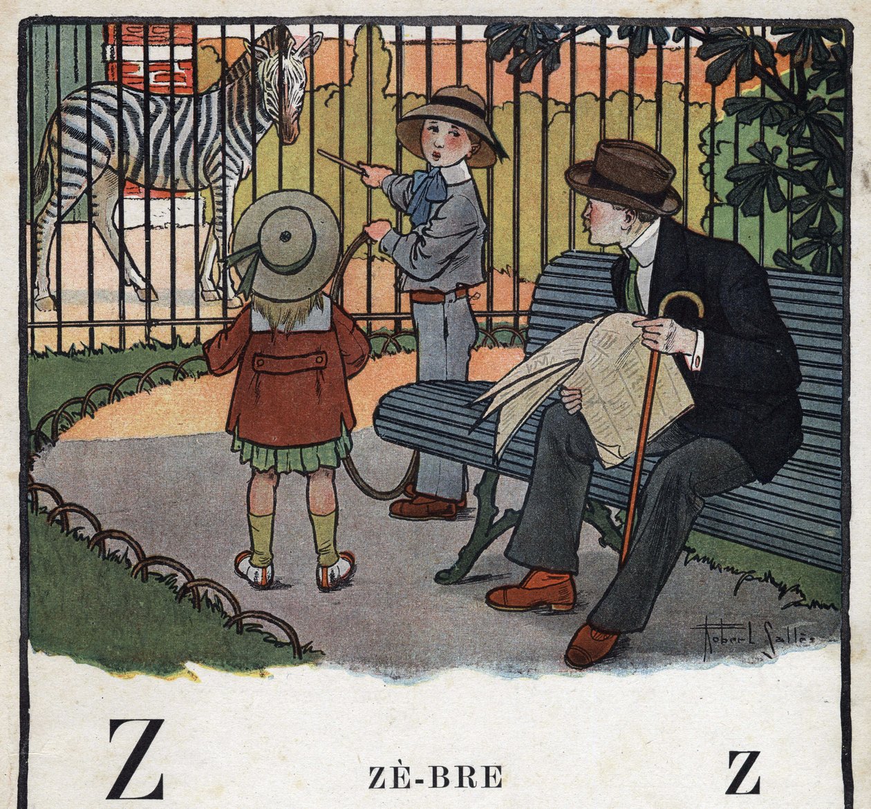 Barnbok "" Jag kommer att läsa - Metodiskt och roligt alfabet av en pappa""" 1926. Illustration av Robert Salles (1871-1929). Abecedaire: bokstaven Z som Zebre. Barn, med en båge, tittar på en zebra i en djurpark. av Robert Salles