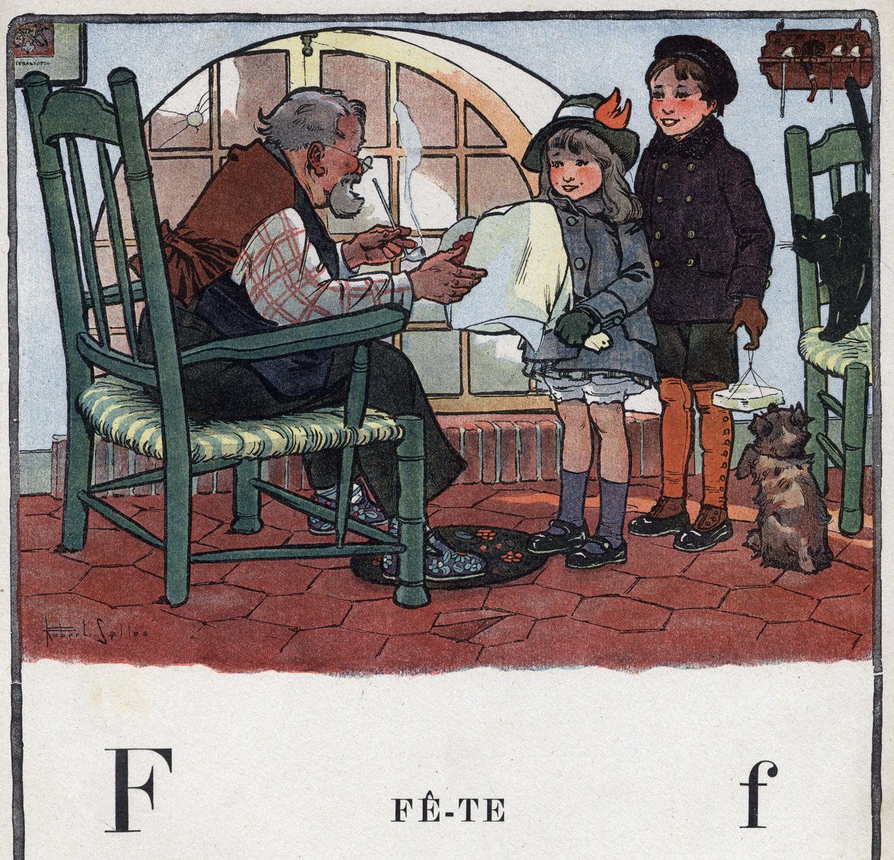 Barnbok "" Jag kommer att läsa - Metodiskt och roligt alfabet av en pappa""" 1926. Illustration av Robert Salles (1871-1929). Abecedaire: bokstaven F som Fete. En flicka och en pojke erbjuder presenter till sin farfars fest. av Robert Salles
