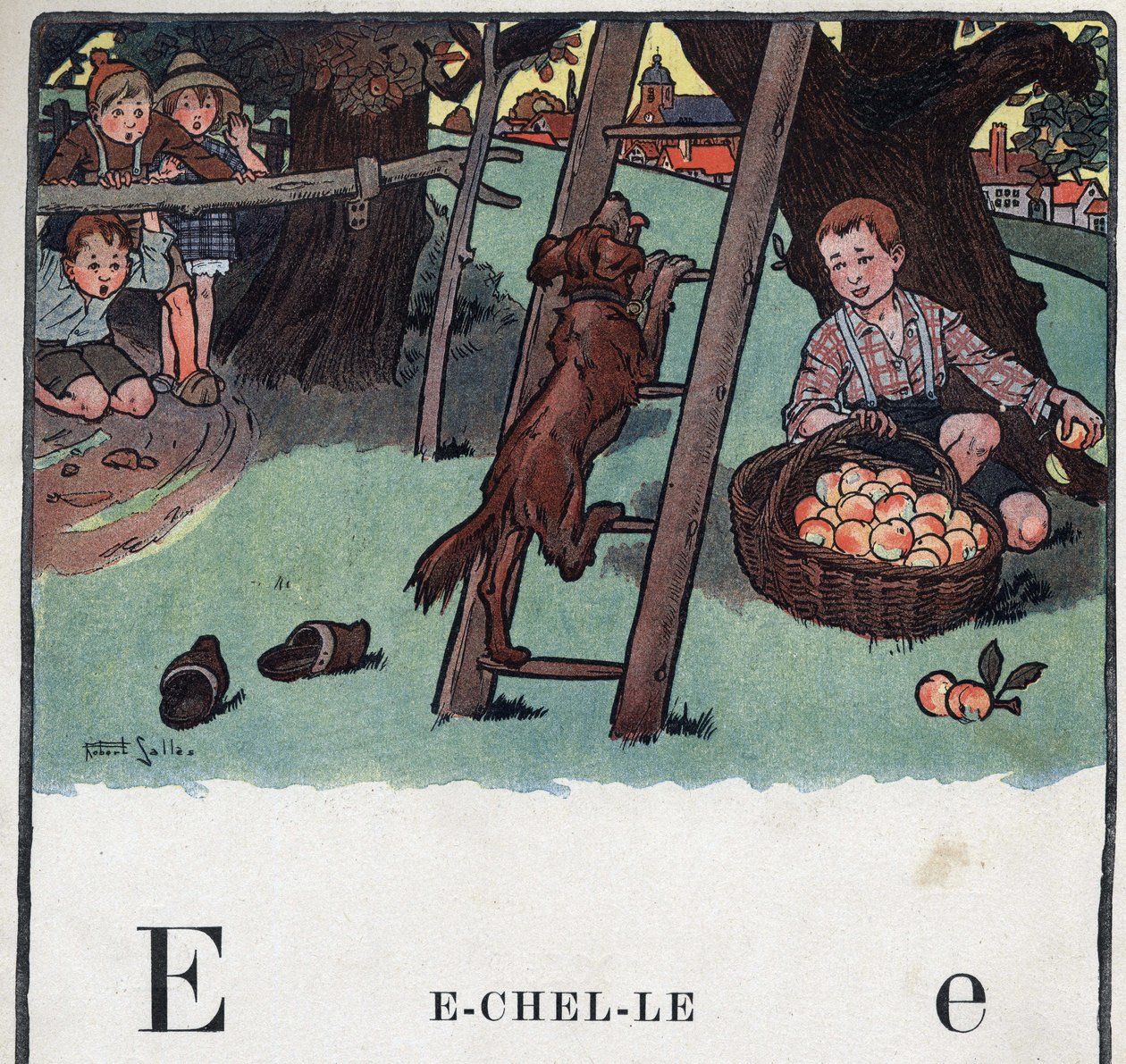 Barnbok "" Jag kommer att läsa - Metodiskt och roligt alfabet av en pappa""" 1926. Illustration av Robert Salles (1871-1929). Abecedary: bokstaven E som skala. En hund klättrar till stegen poserar mot ett äppelträd. av Robert Salles