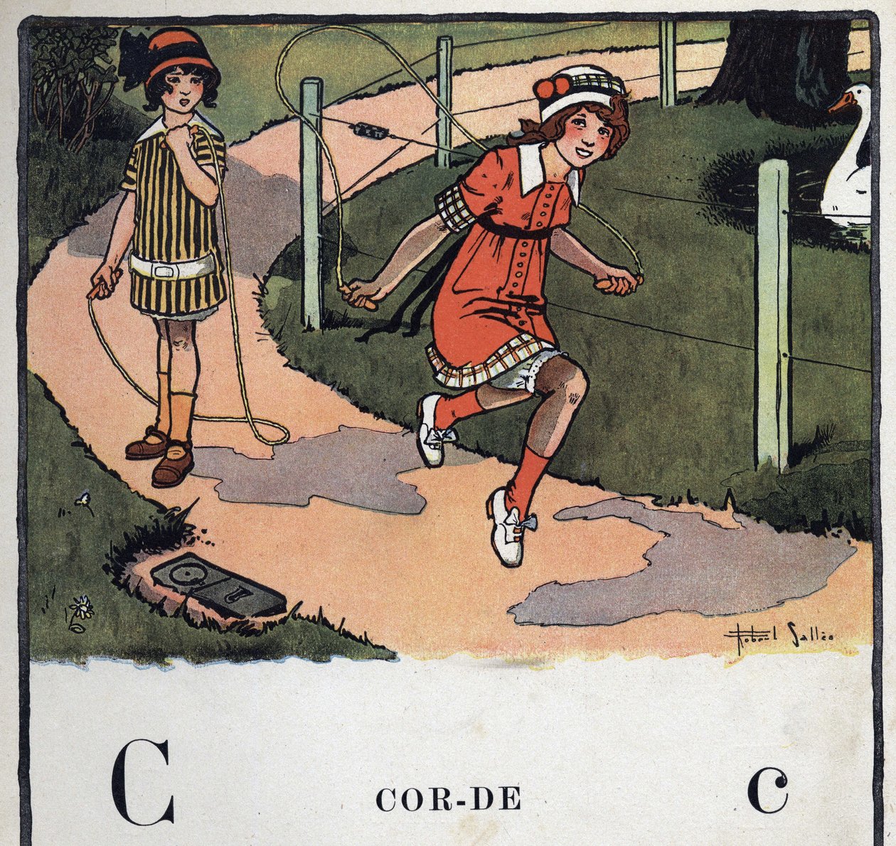 Barnbok "" Jag kommer att läsa - Metodiskt och roligt alfabet av en pappa""" 1926. Illustration av Robert Salles (1871-1929). Abecedary: bokstaven C som rep. Två flickor spelar hopprep. av Robert Salles