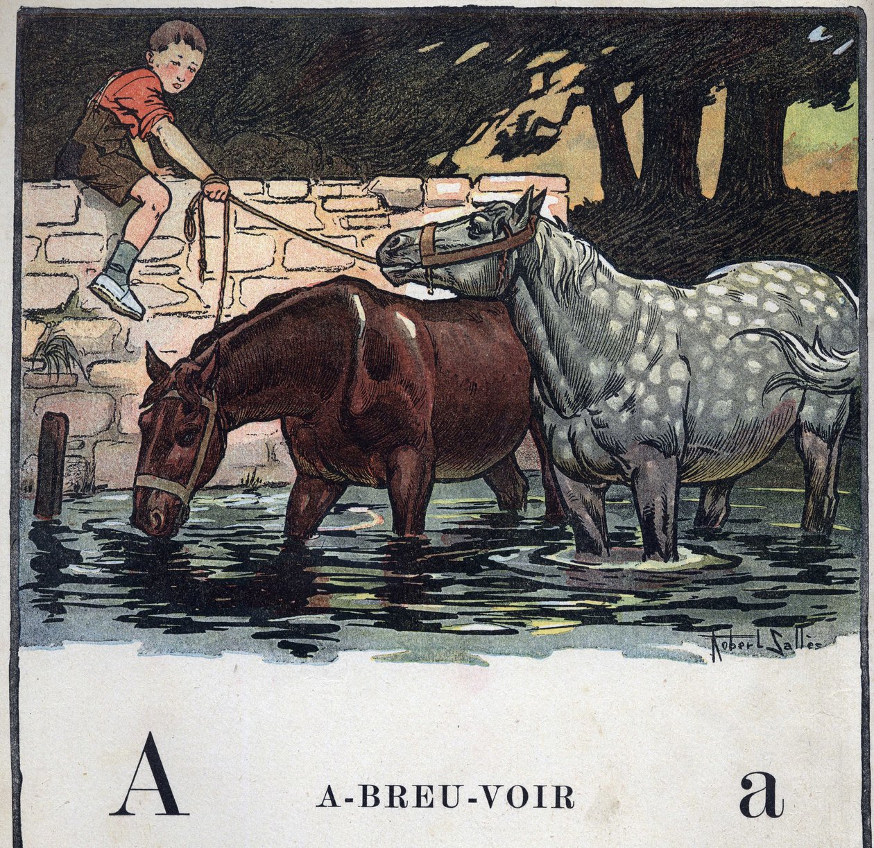 Barnbok "" Jag kommer att läsa - Metodiskt och roligt alfabet av en pappa""" 1926. Illustration av Robert Salles (1871-1929). Abecedary: bokstav A som dricksvatten. Två hästar dricker vatten. av Robert Salles