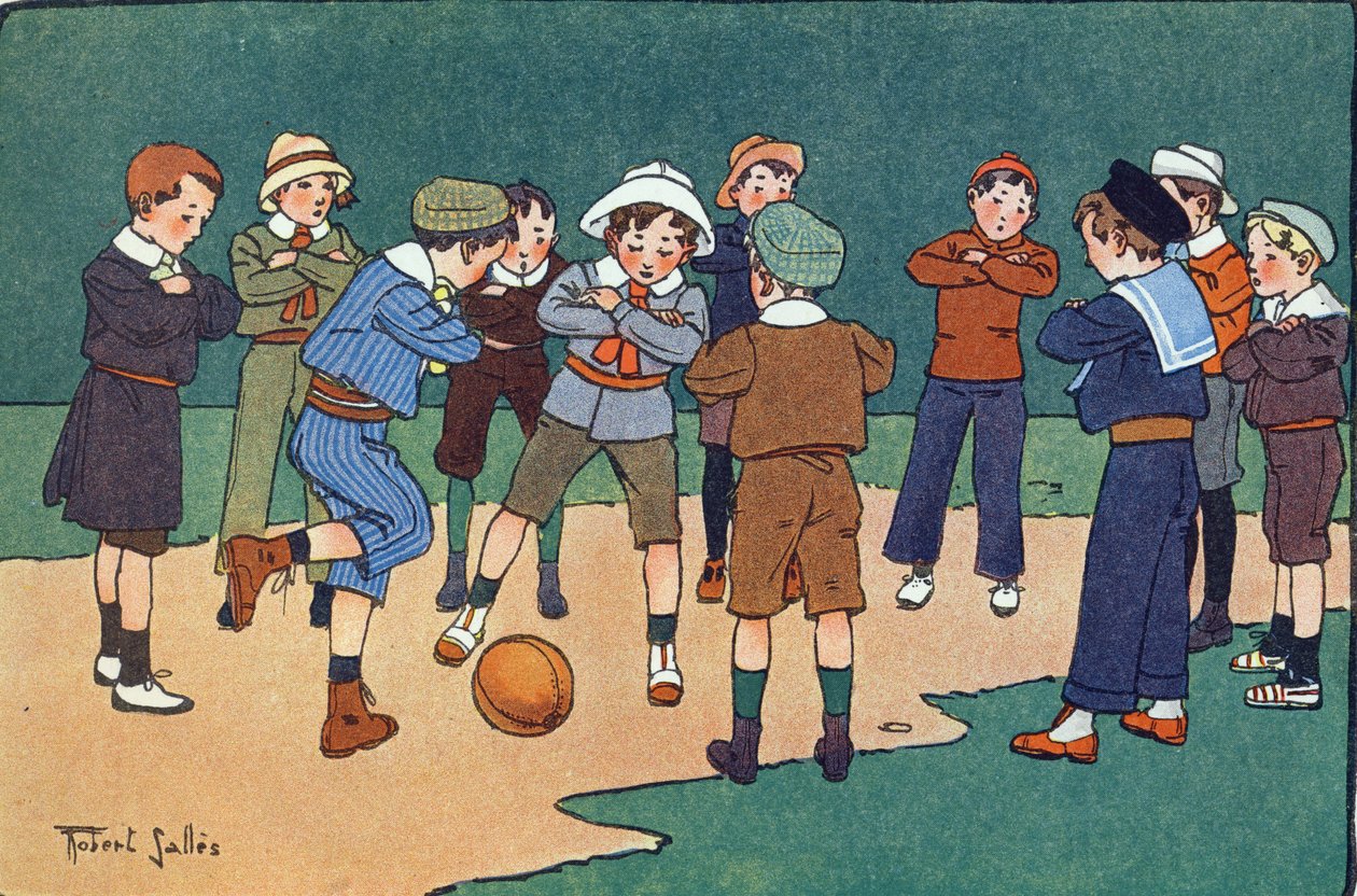 Tysk boll (spel spelas med korsade armar). Gravering i "" Vad spelar vi? ”” av E. Weber med akvarellteckningar av Robert Salles (1871-1929). Librairie Garnier Freres, Paris av Robert Salles