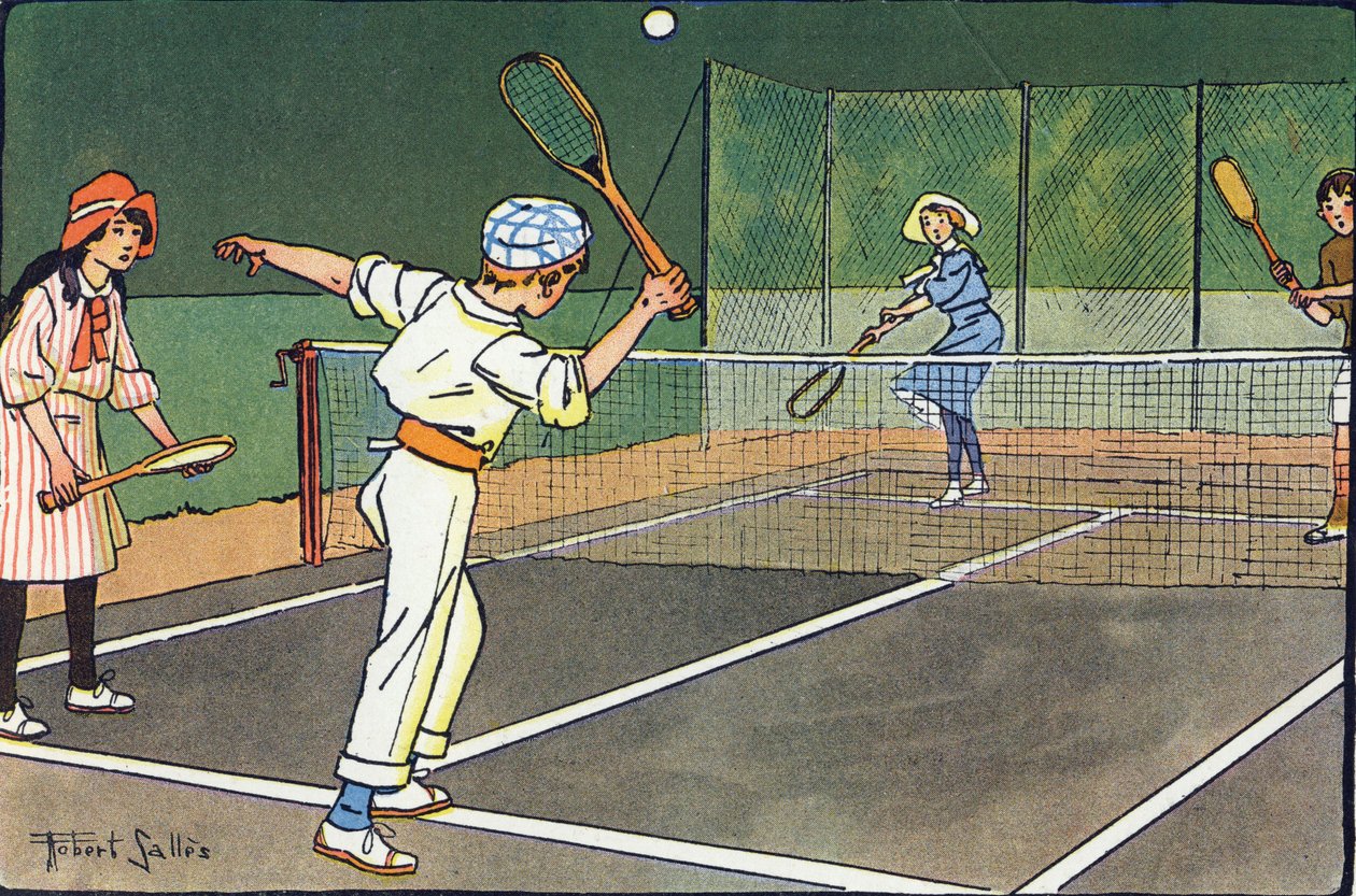 Grästennis. Gravering i "" Vad spelar vi? ”” av E. Weber med akvarellteckningar av Robert Salles (1871-1929). Librairie Garnier Freres, Paris av Robert Salles