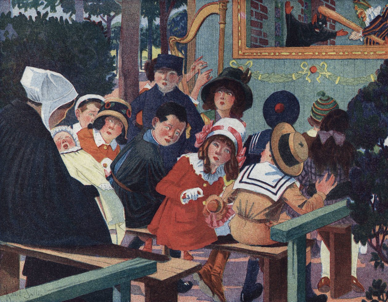 Dockteater: Barn i guignol-teatern blir förvirrade av en gråtande bebis. Illustration av Robert Salles (1871-1929) i "" Je sais Lire"". av Robert Salles