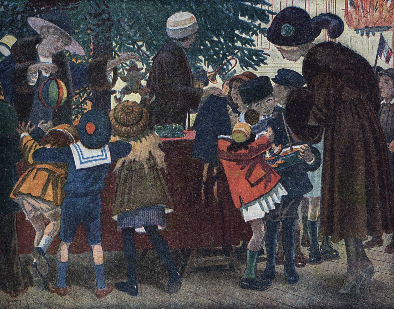 Julgranen från Alsace från Lorraine: barn från Alsace och Lorraine (Alsace-Lorraine) kommer för att hämta sina presenter runt julgranen som erbjuds staden. Illustration av Robert Salles (1871-1929) i "" Je sais Lire"". av Robert Salles