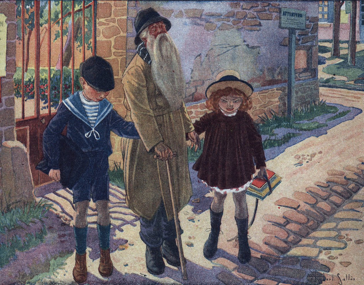 Den blindes pinne: två barn hjälper en blind gubbe att gå. Illustration av Robert Salles (1871-1929) i "" Je sais Lire"". av Robert Salles
