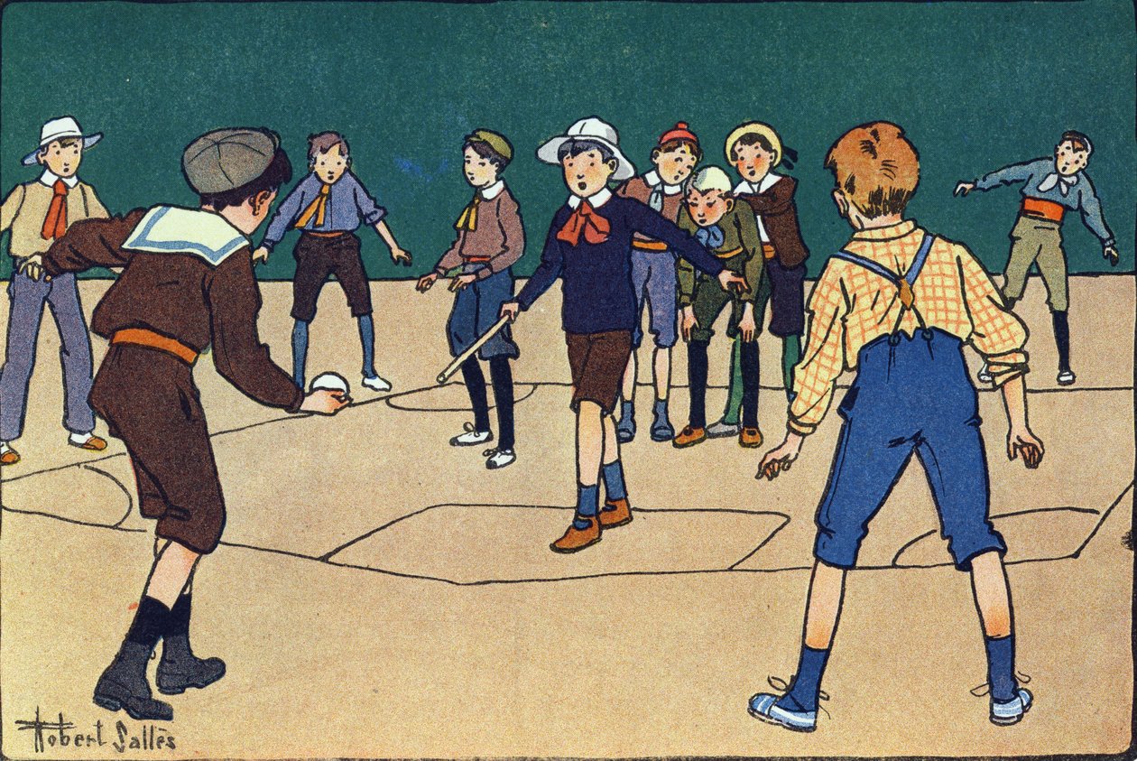 Theque (lagspel med boll och pinne). Gravering i "" Vad spelar vi? ”” av E. Weber med akvarellteckningar av Robert Salles (1871-1929). Librairie Garnier Freres, Paris av Robert Salles