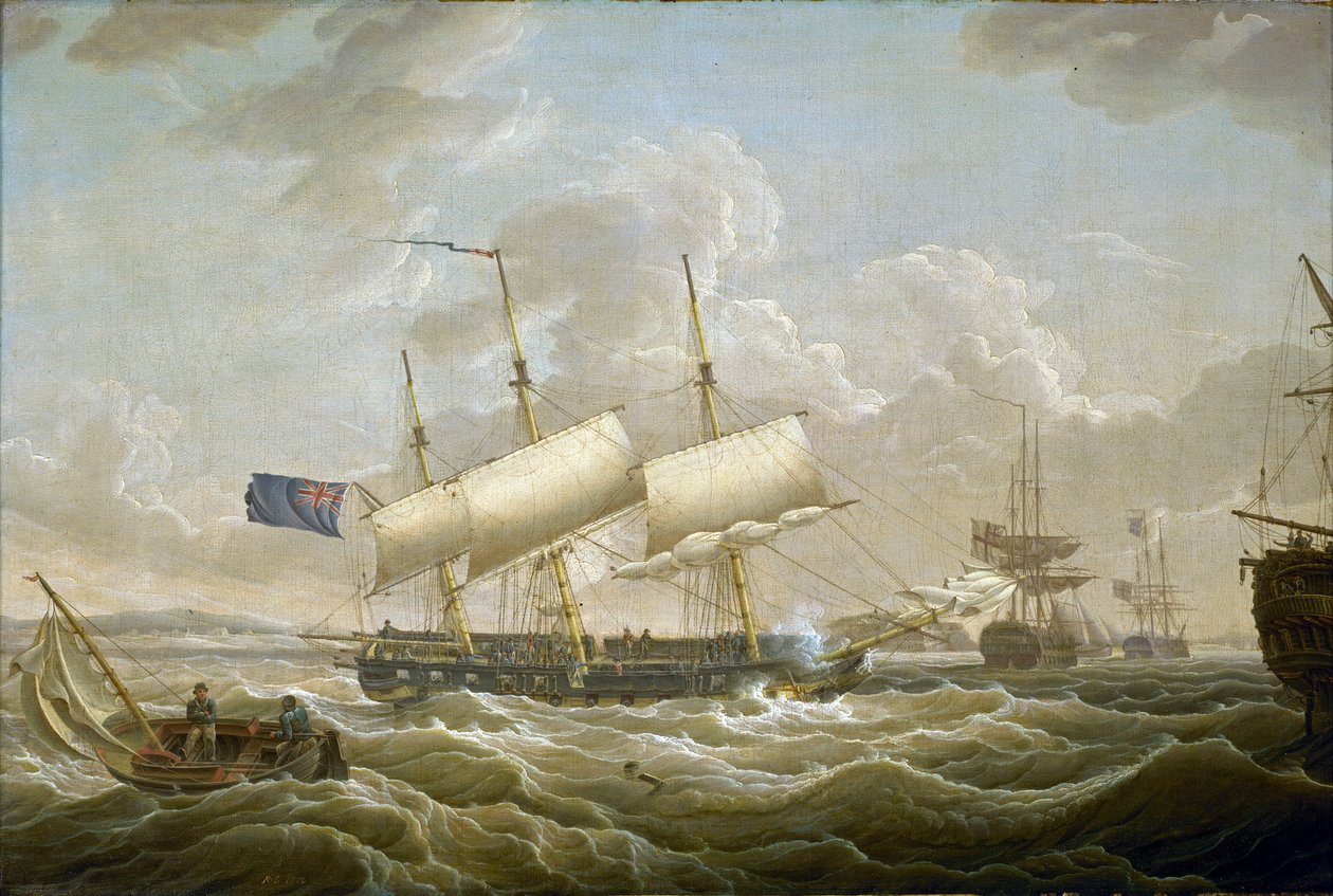 En fregatt ligger för ankar i Mersey (flod i nordvästra England). Fort Perch Rock syns i horisonten. Olja på duk av Robert Salmon
