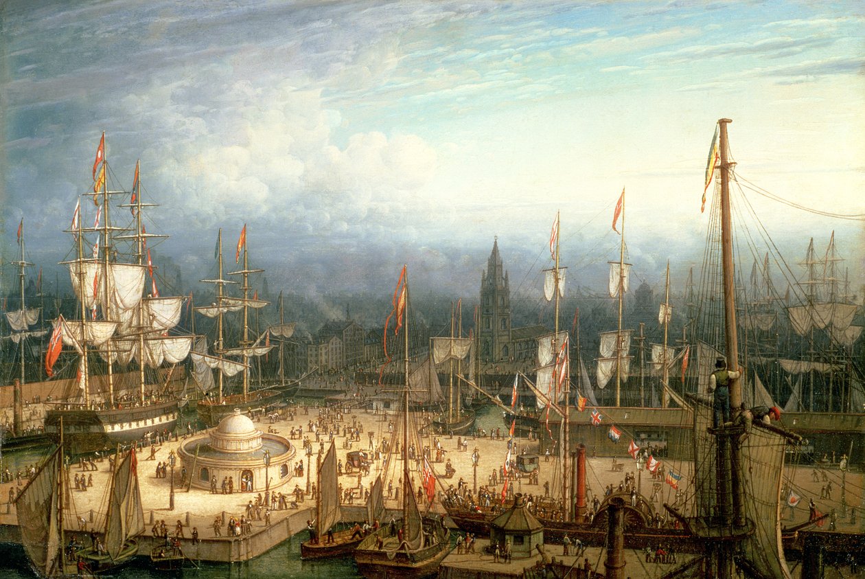 Fyrmastat klipperskepp i Liverpools hamn, ca 1810 av Robert Salmon
