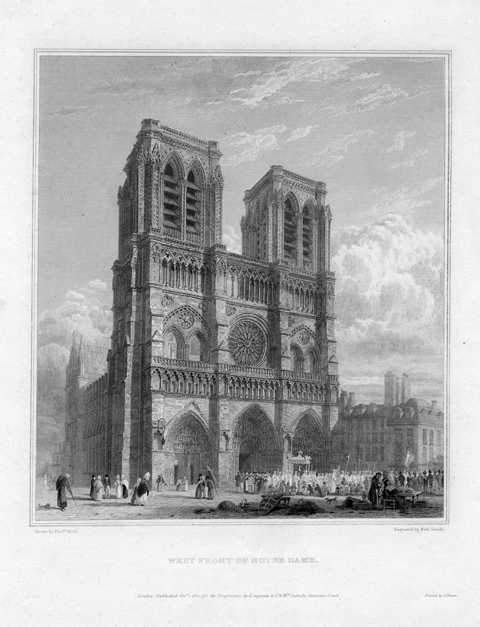 Västra fronten av Notre Dame, Paris, Frankrike, 1822 av Robert Sands