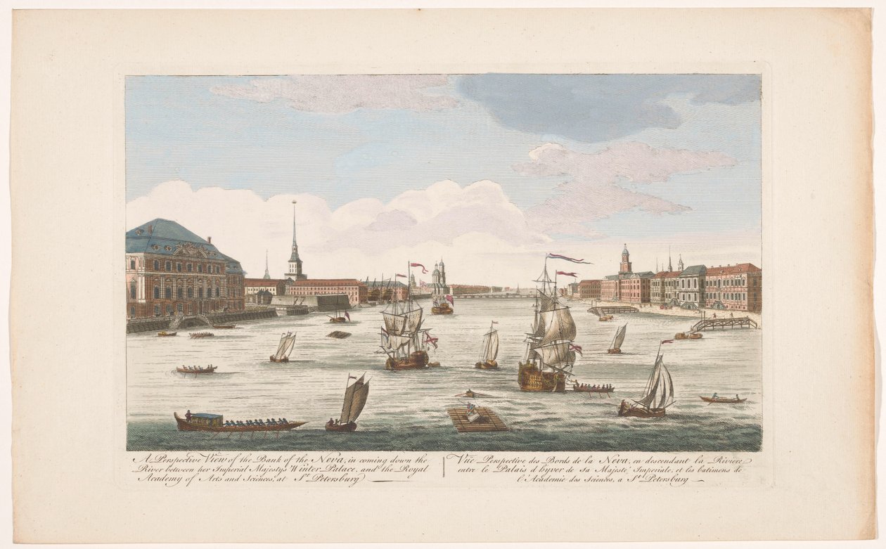 Utsikt över floden Neva i Sankt Petersburg, sedd nedströms En perspektivvy av stranden av Neva, när han kommer nerför floden (...) (titel på objektet) av Robert Sayer (possibly)