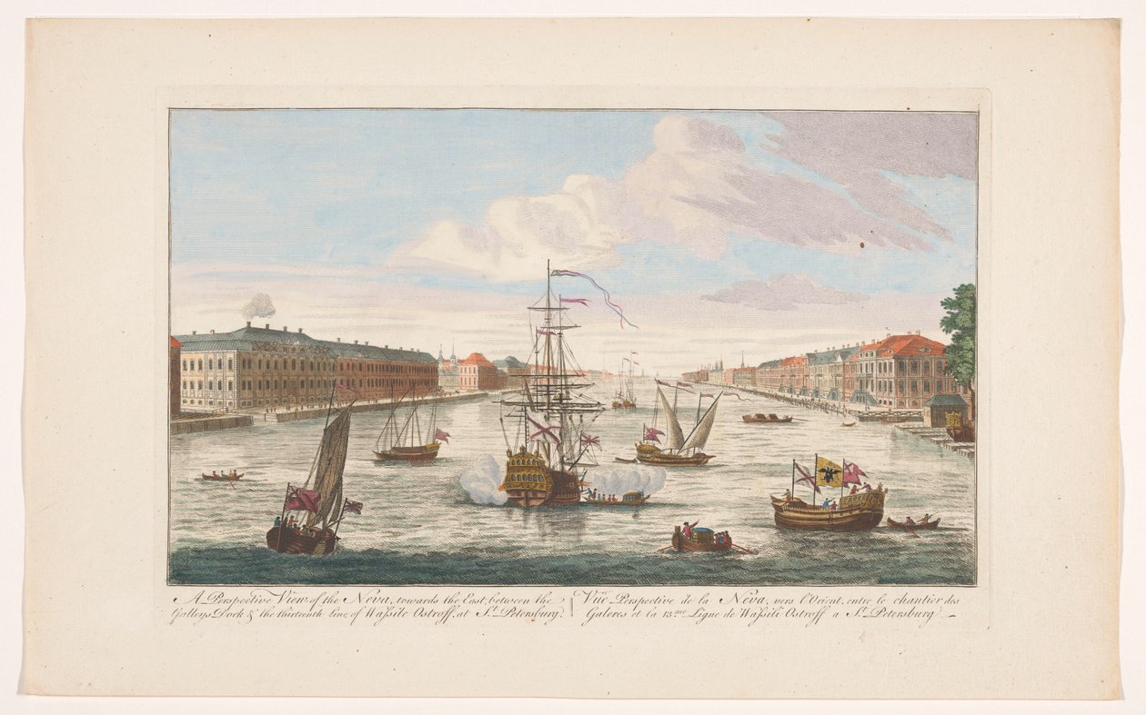 Utsikt över floden Neva i Sankt Petersburg sedd från västra sidan En perspektivvy av Neva, mot öster (...) (titel på objekt) av Robert Sayer (possibly)