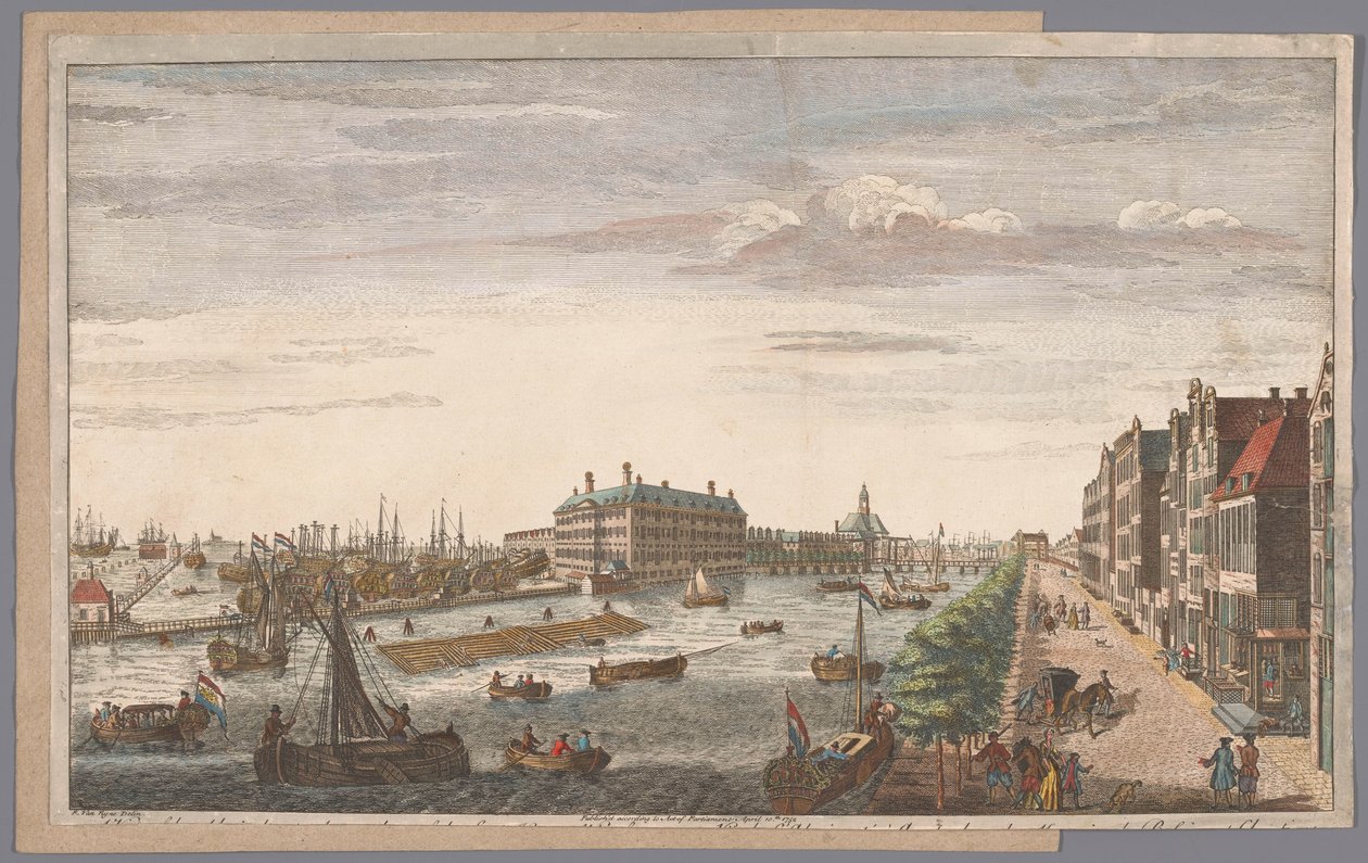 Se över Admiraliteitsmagazijn i Amsterdam En vy av amiralitetet i Amsterdam, av förrådshusen, kajerna och hamnen, som tillhör det, och till Ostindiska kompaniet av Holland (titel på objektet) av Robert Sayer (possibly)