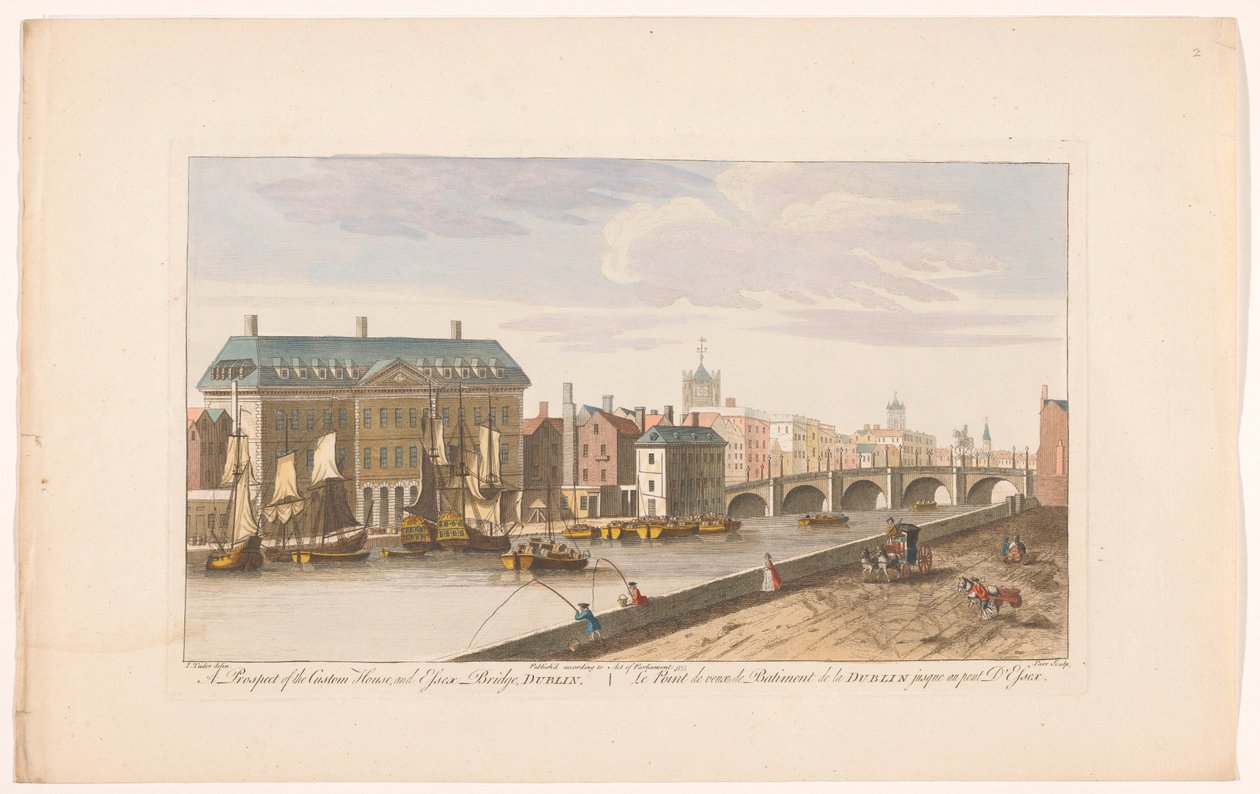 Utsikt över Custom House och Essex Bridge över floden Liffey i Dublin En prospekt av Custom House och Essex Bridge, Dublin (titel på objekt) av Robert Sayer (possibly)