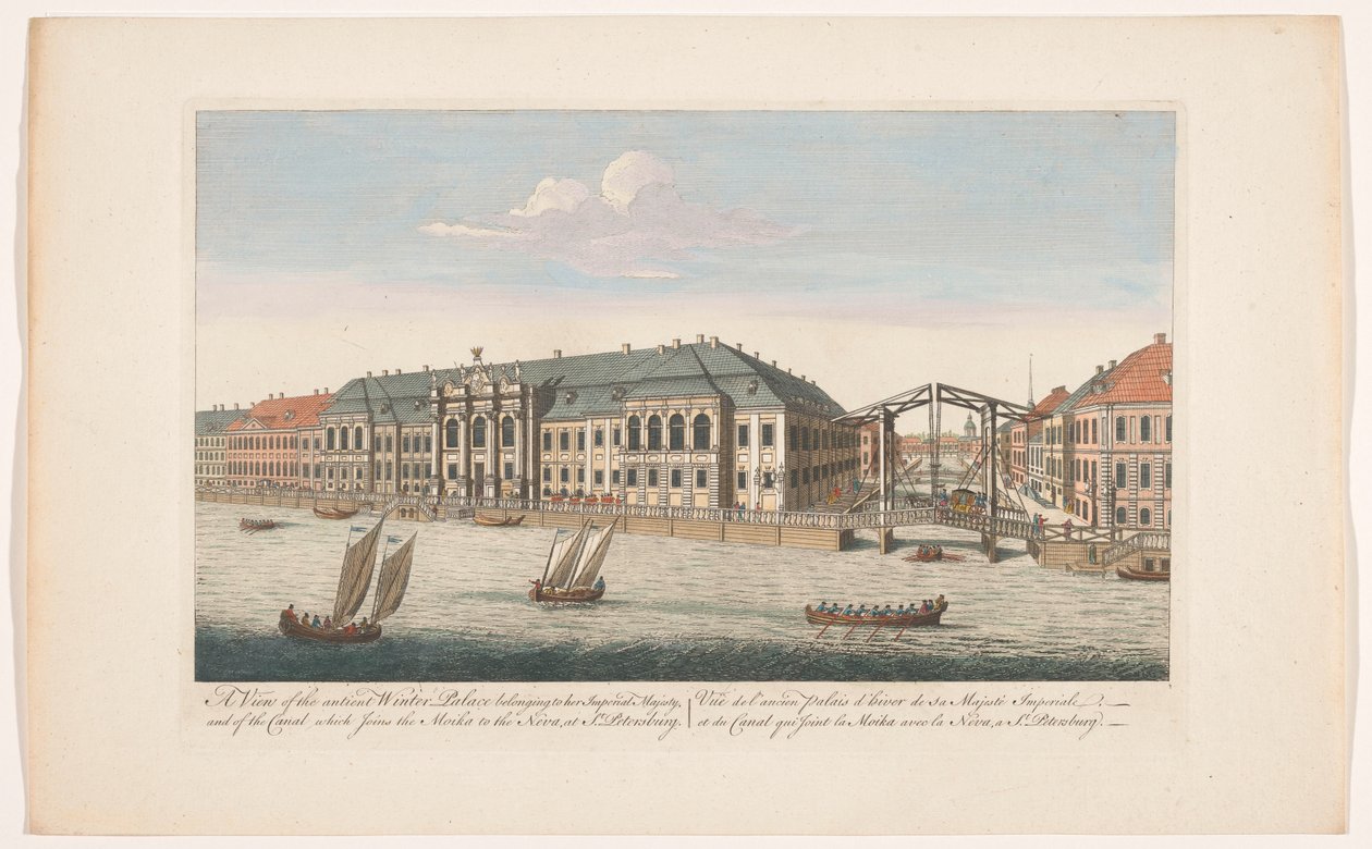 Utsikt över vinterpalatset och kanalen mellan floderna Mojka och Neva i Sankt Petersburg En vy av det antika vinterpalatset som tillhör hennes kejserliga majestät och över kanalen som förenar Moikan med Neva i St. Petersburg (titel på objektet) av Robert Sayer (possibly)