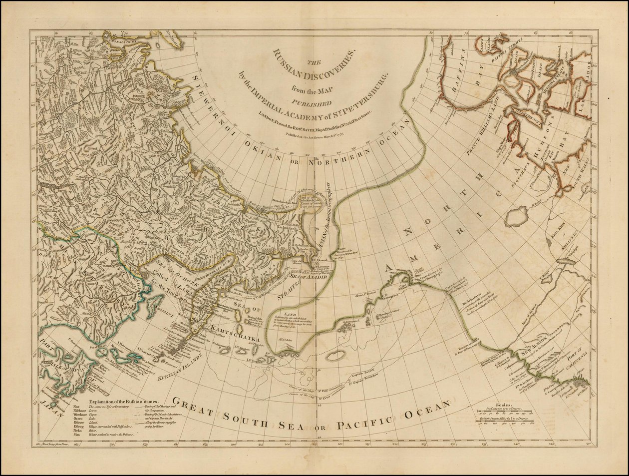 1775 års karta - De ryska upptäckterna, från den karta som publicerades av den kejserliga akademin i S:t Petersburg av Robert Sayer