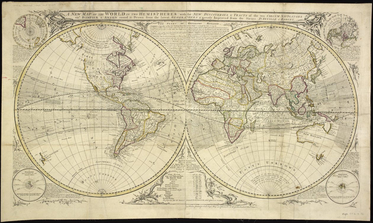 En ny karta över världen i två halvklot med de nya upptäckterna och trakterna av de två Circum Navigators, nämligen Dampier & Anson runt den: Ritad från de senaste geograferna och mycket förbättrad från Sieurs D