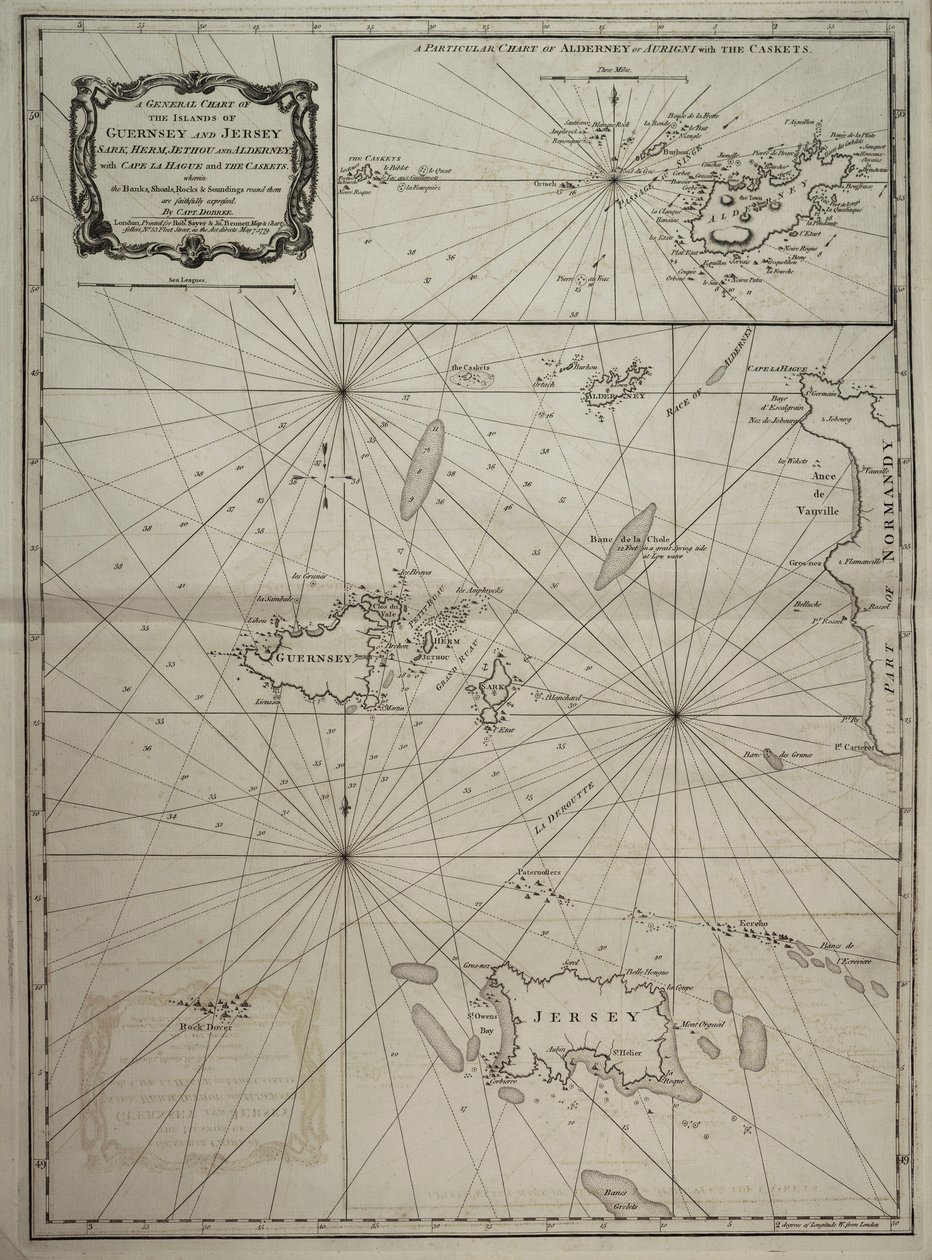 Ett allmänt sjökort över öarna Guernsey och Jersey, Sark, Herm, Jethou och Alderney, med Cape la Hague och Caskets av Robert Sayer
