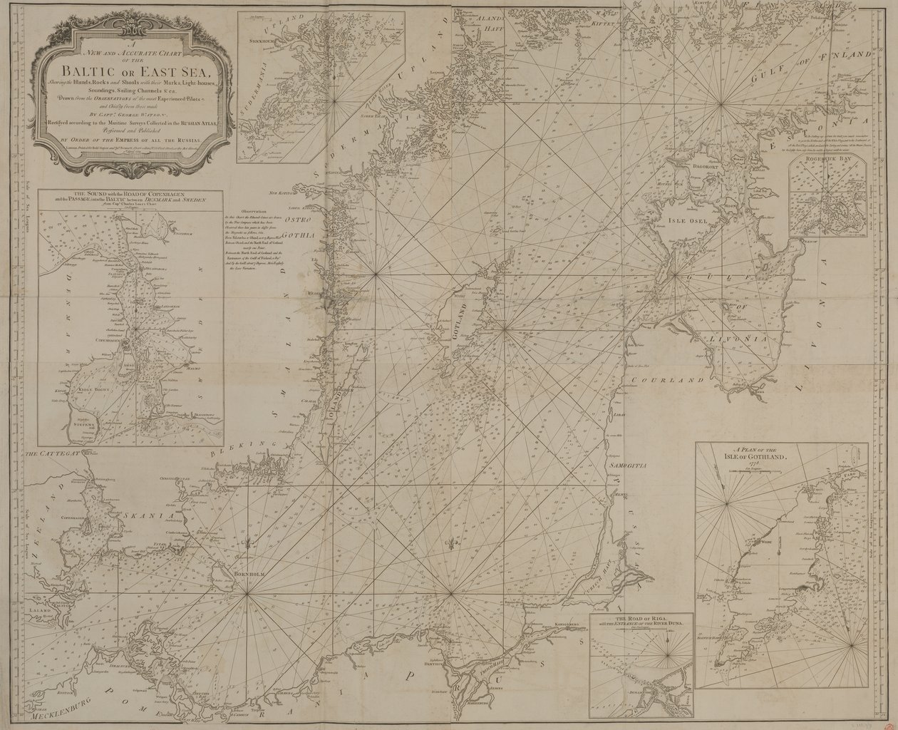 Ett nytt och exakt sjökort över Östersjön eller Östra havet som visar öar, klippor och grund med sina märken, fyrar, lod och segelrännor av Robert Sayer