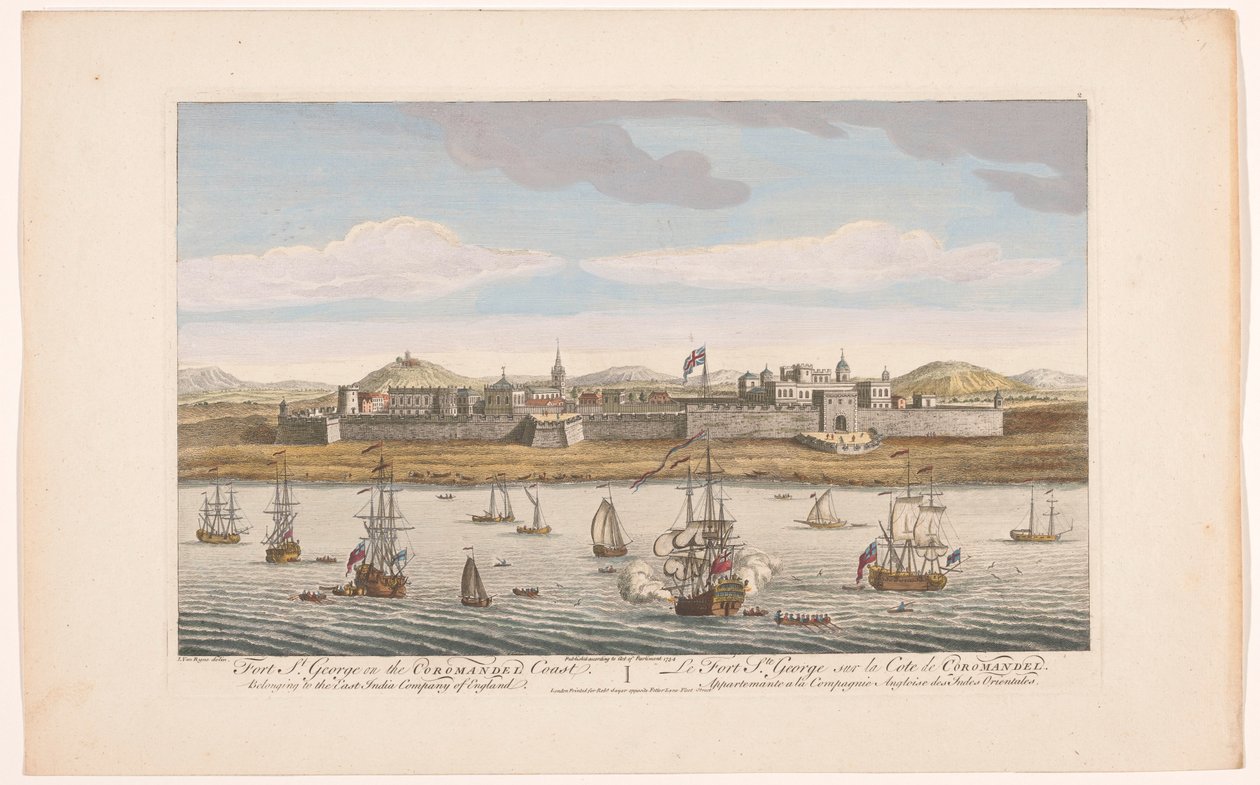 Utsikt över Fort Saint George i Madras Fort St George på Coromandel Coast. Tillhör East India Company of England (titel på objekt) Settlements of the VOC (serietitel) av Robert Sayer