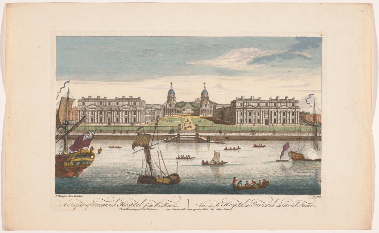 Utsikt över Greenwich Hospital vid Themsen i Greenwich En prospekt av Greenwich Hospital från floden (titel på objekt) London (serietitel) av Robert Sayer
