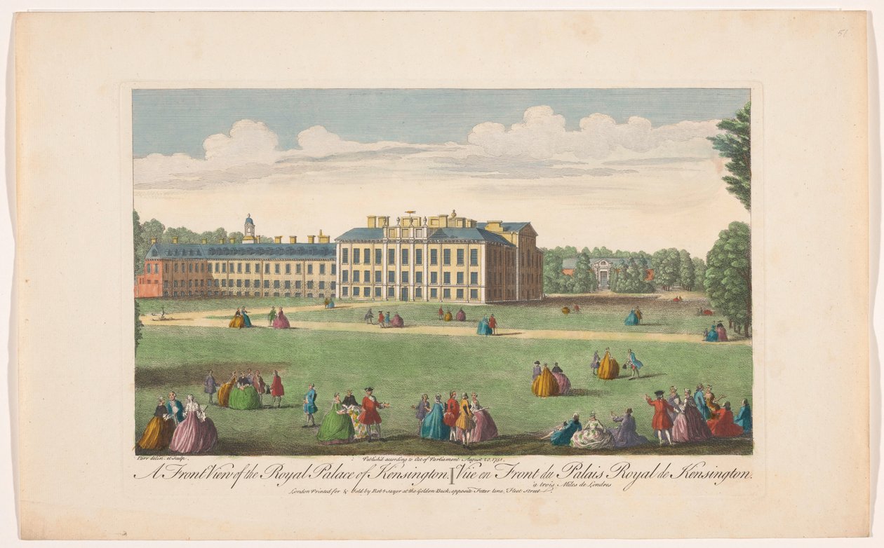 Utsikt över Kensington Palace i London En frontvy av Royal Palace of Kensington (titel på objektet) London (serietitel) av Robert Sayer