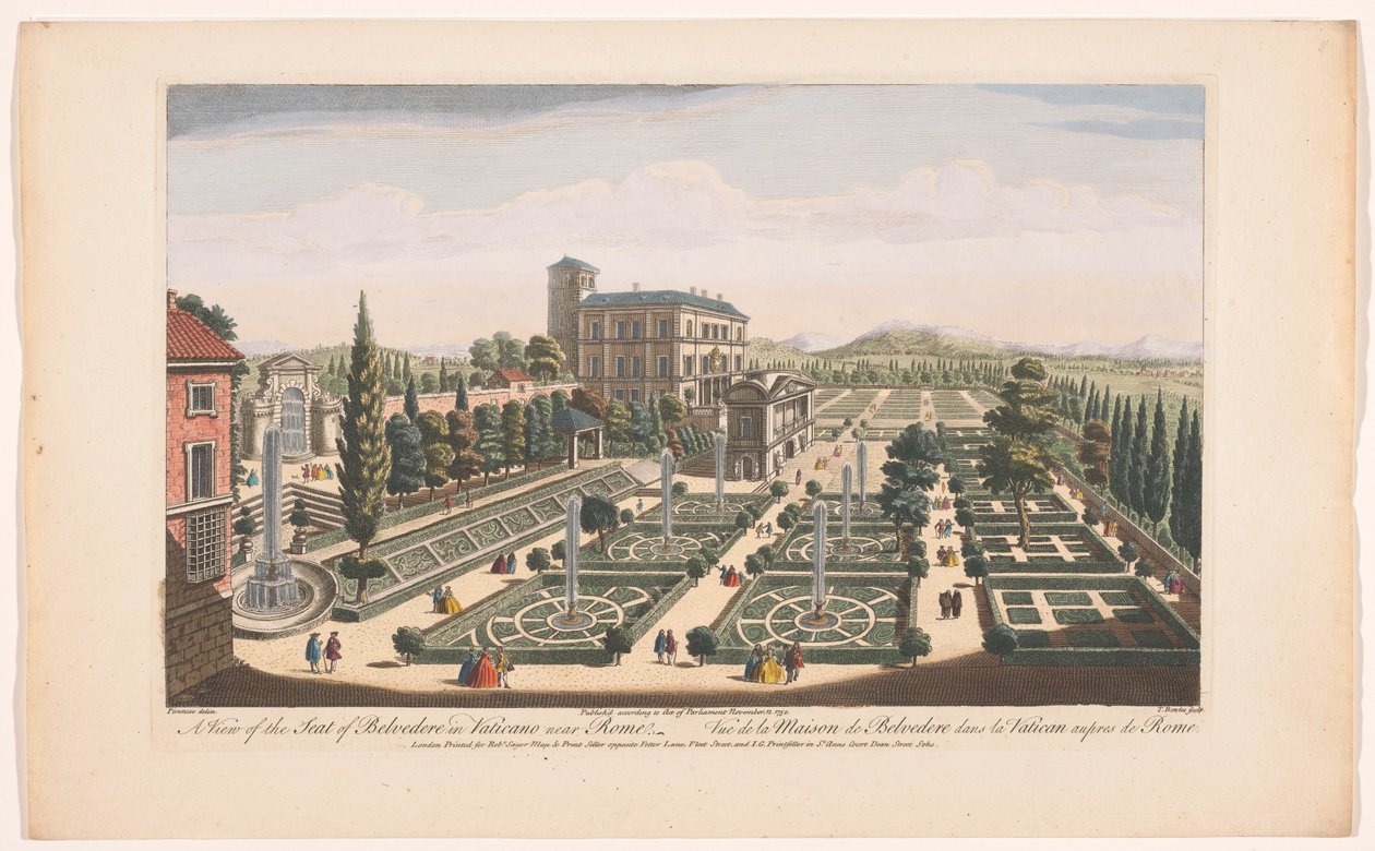Utsikt över Giardini Vaticani i Vatikanstaten En vy av sätet Belvedere i Vaticano nära Rom (titel på objektet) Rom (serietitel) av Robert Sayer