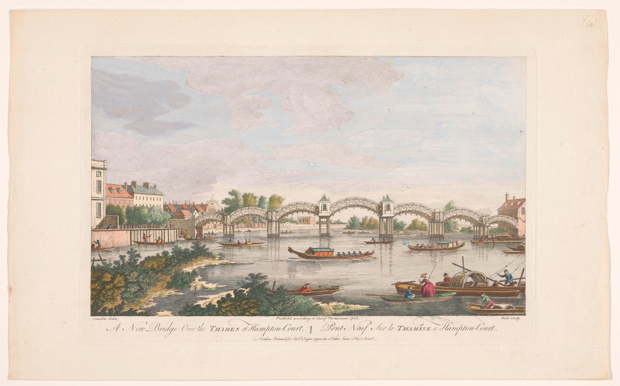 Utsikt över Hampton Court Bridge över Themsen mellan Hampton och East Molesey En ny bro över Themsen vid Hampton Court (titel på objekt) av Robert Sayer